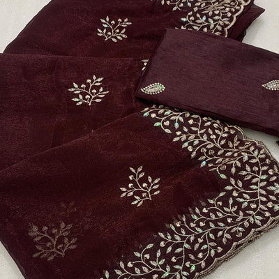 Brown Sequins Embroidered Shimmer Silk Saree