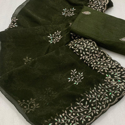 Mehendi Green Sequins Embroidered Shimmer Silk Saree