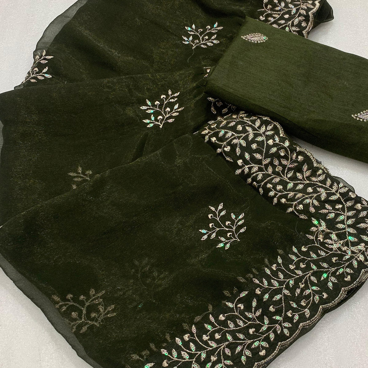 Mehendi Green Sequins Embroidered Shimmer Silk Saree