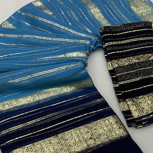 Blue Striped Zari Woven Viscose Georgette Saree