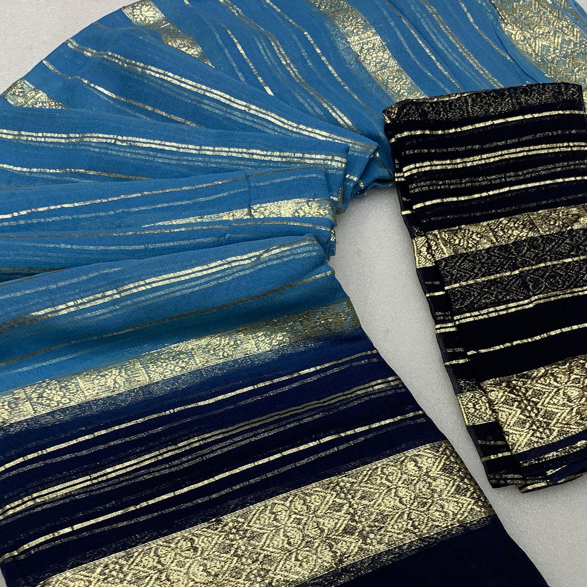Blue Striped Zari Woven Viscose Georgette Saree