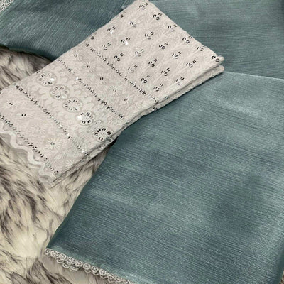 Dusty Blue Solid Chiffon Saree Saree With Lace Border