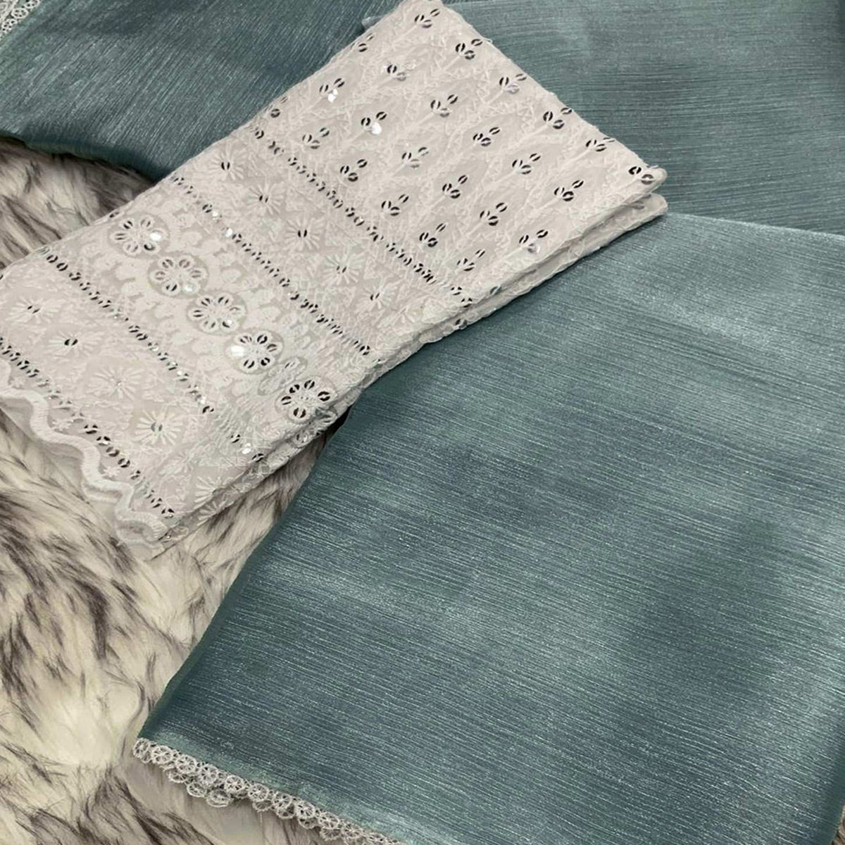 Dusty Blue Solid Chiffon Saree Saree With Lace Border