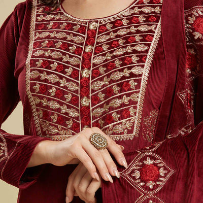 Maroon Embroidered Velvet Straight Salwar Suit