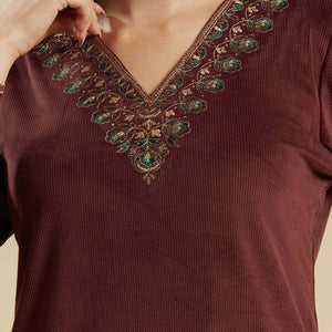 Brown Embroidered Velvet A-Line Top Bottom Set