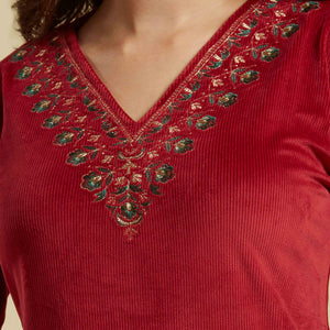 Maroon Embroidered Velvet A-Line Top Bottom Set