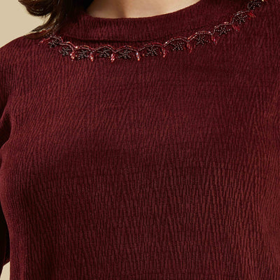 Maroon Woven Woolen A-Line Top Bottom Set