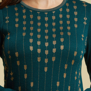Dark Teal Floral Woolen Top Bottom Set