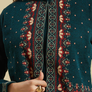 Dark Teal Floral Woolen Top Bottom Set