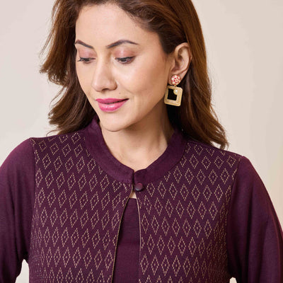 Dark Mauve Floral Woolen Top Bottom Set