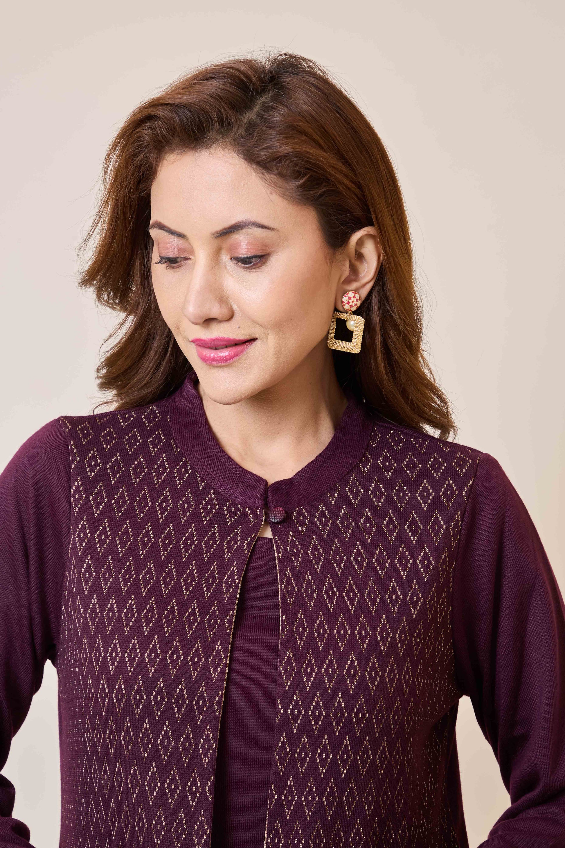 Dark Mauve Floral Woolen Top Bottom Set