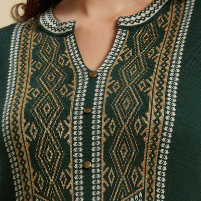 Bottle Green Floral Woolen Top Bottom Set