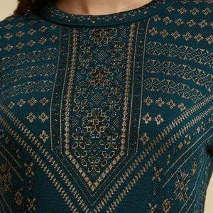 Dark Teal Floral Woolen Top Bottom Set