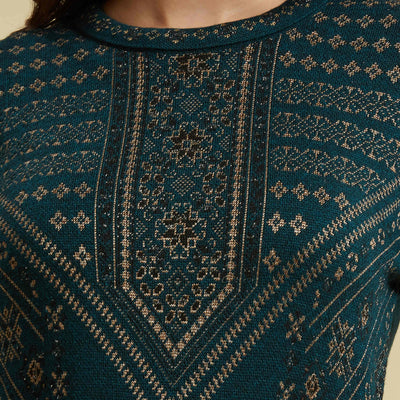 Dark Teal Floral Woolen Top Bottom Set
