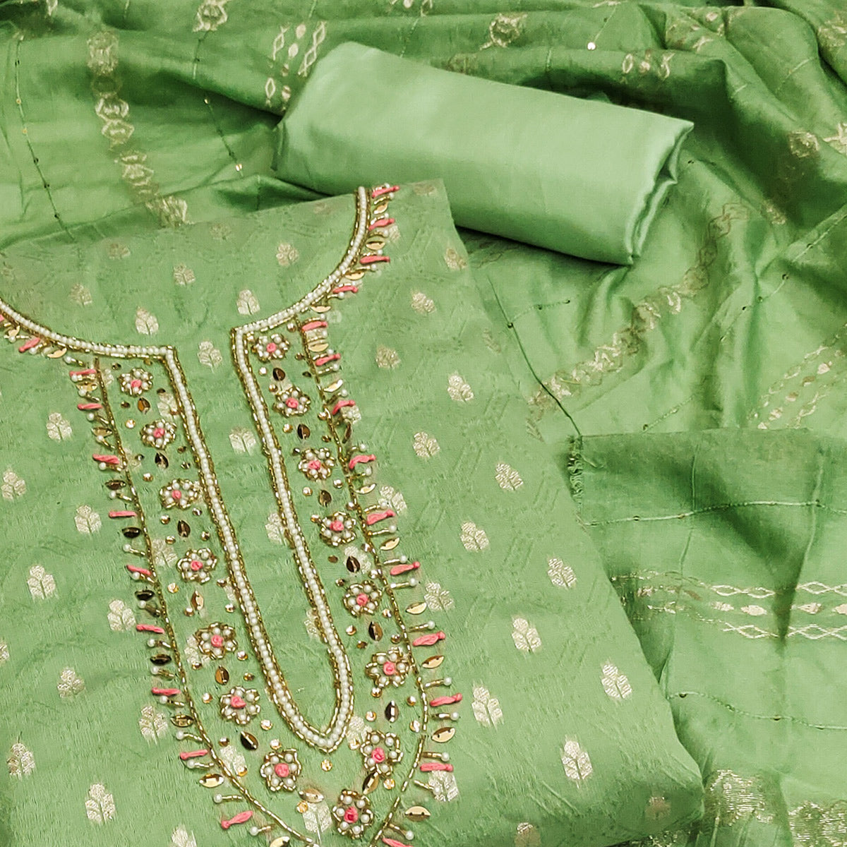 green-woven-with-handwork-jacquard-dress-material