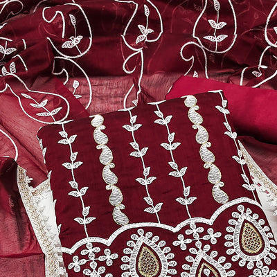 Maroon Floral Embroidered Chanderi Cotton Dress Material