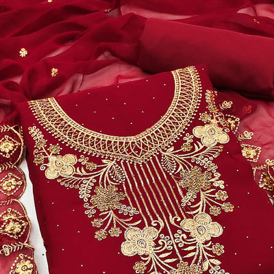 Dark Red Floral Embroidered Georgette Dress Material