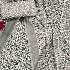 Grey Printed With Embroidered Cotton Blend Dress Material