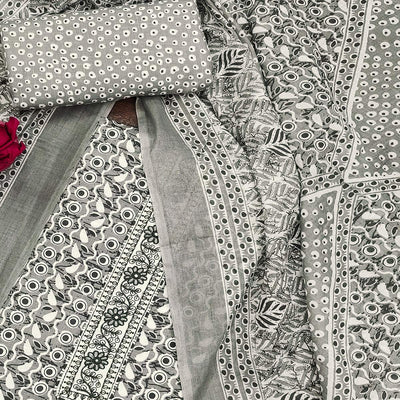 Grey Printed With Embroidered Cotton Blend Dress Material