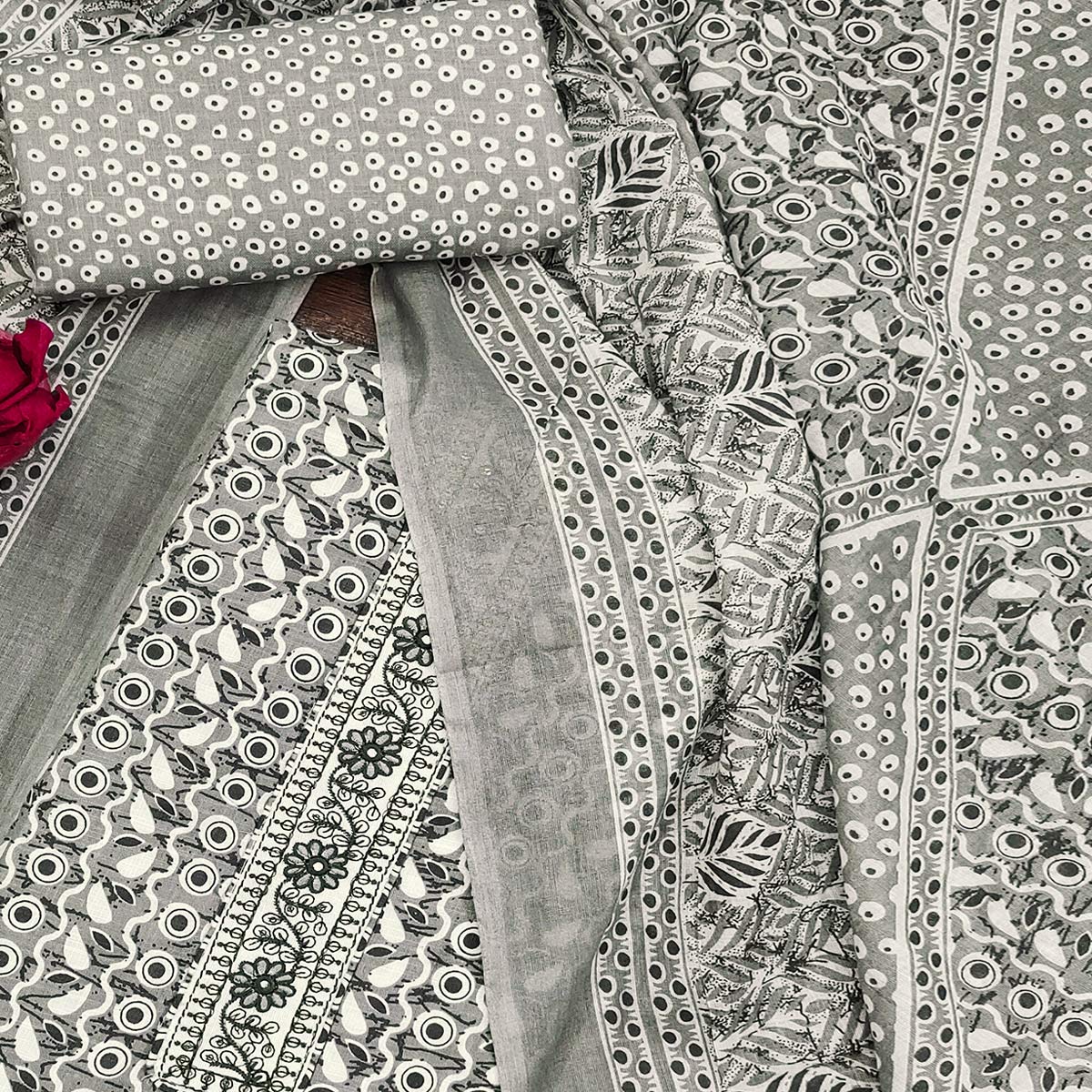 Grey Printed With Embroidered Cotton Blend Dress Material