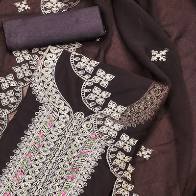 Brown Floral Embroidered Georgette Dress Material