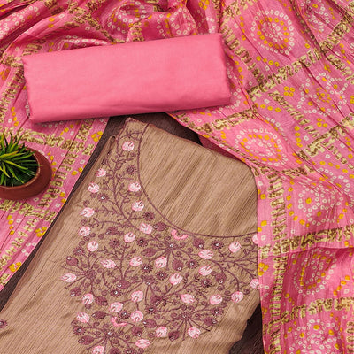 Chikoo Floral Sequins Embroidered Cotton Blend Dress Material