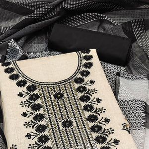 Cream & Black Floral Sequins Embroidered Cotton Blend Dress Material