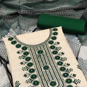 Cream & Green Floral Sequins Embroidered Cotton Blend Dress Material