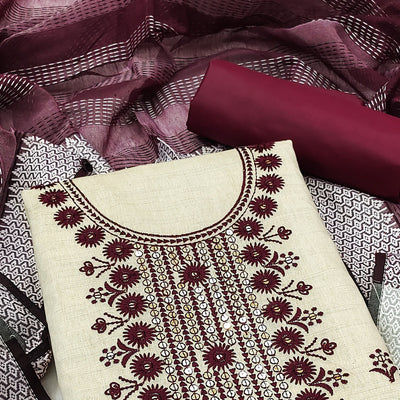 Cream & Maroon Floral Sequins Embroidered Cotton Blend Dress Material