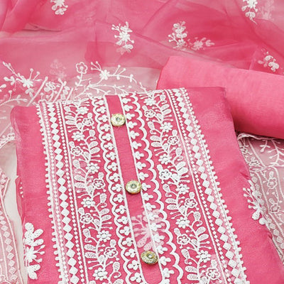 Gajari Pink Floral Embroidered Organza Dress Material