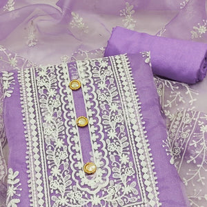Lavender Floral Embroidered Organza Dress Material
