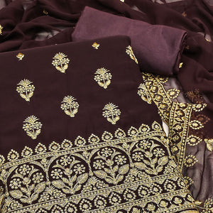 Brown Floral Embroidered Georgette Dress Material
