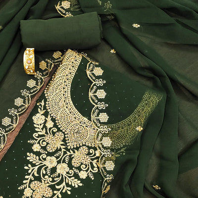 Mehendi Green Floral Embroidered Georgette Dress Material