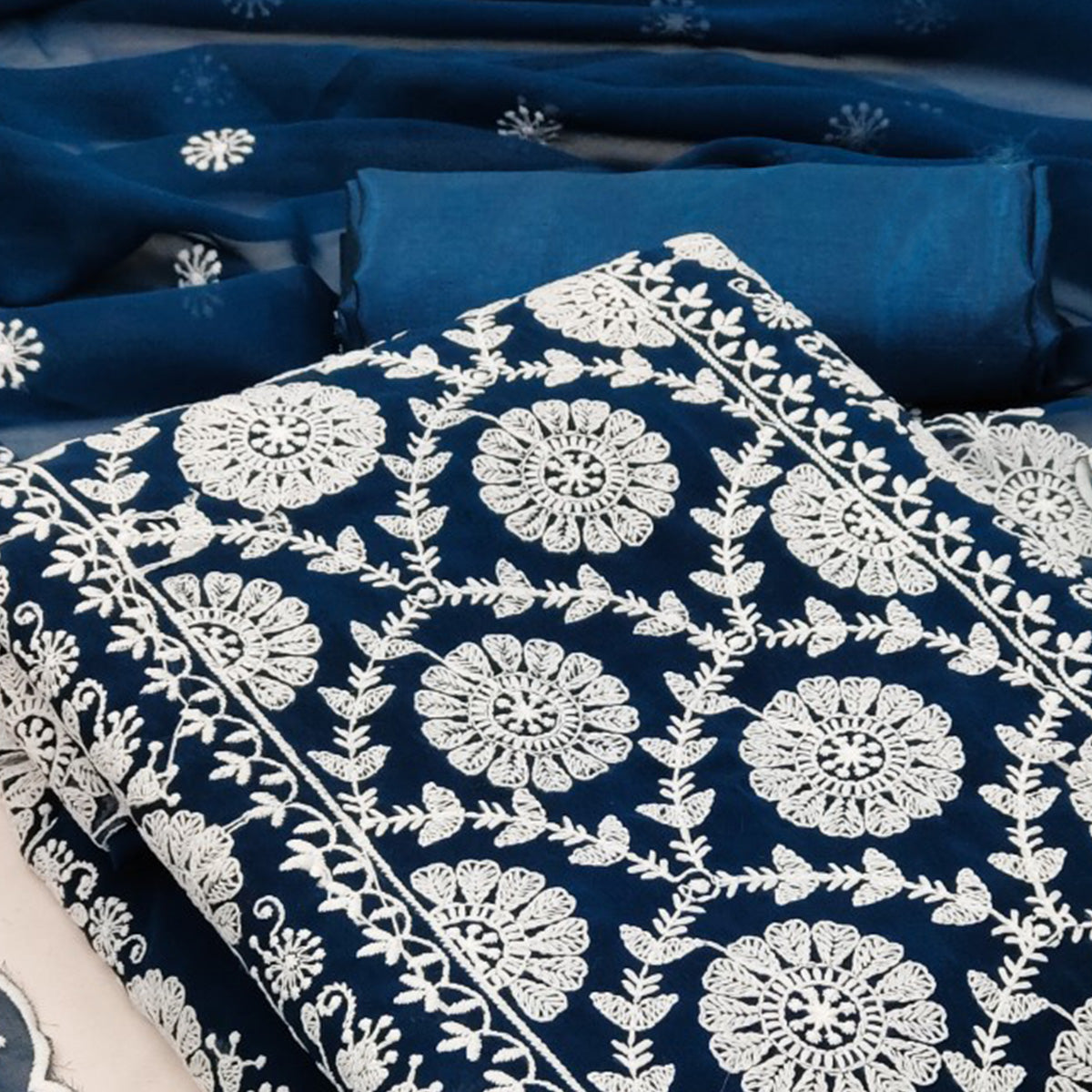 Morpich Blue Floral Embroidered Georgette Dress Material