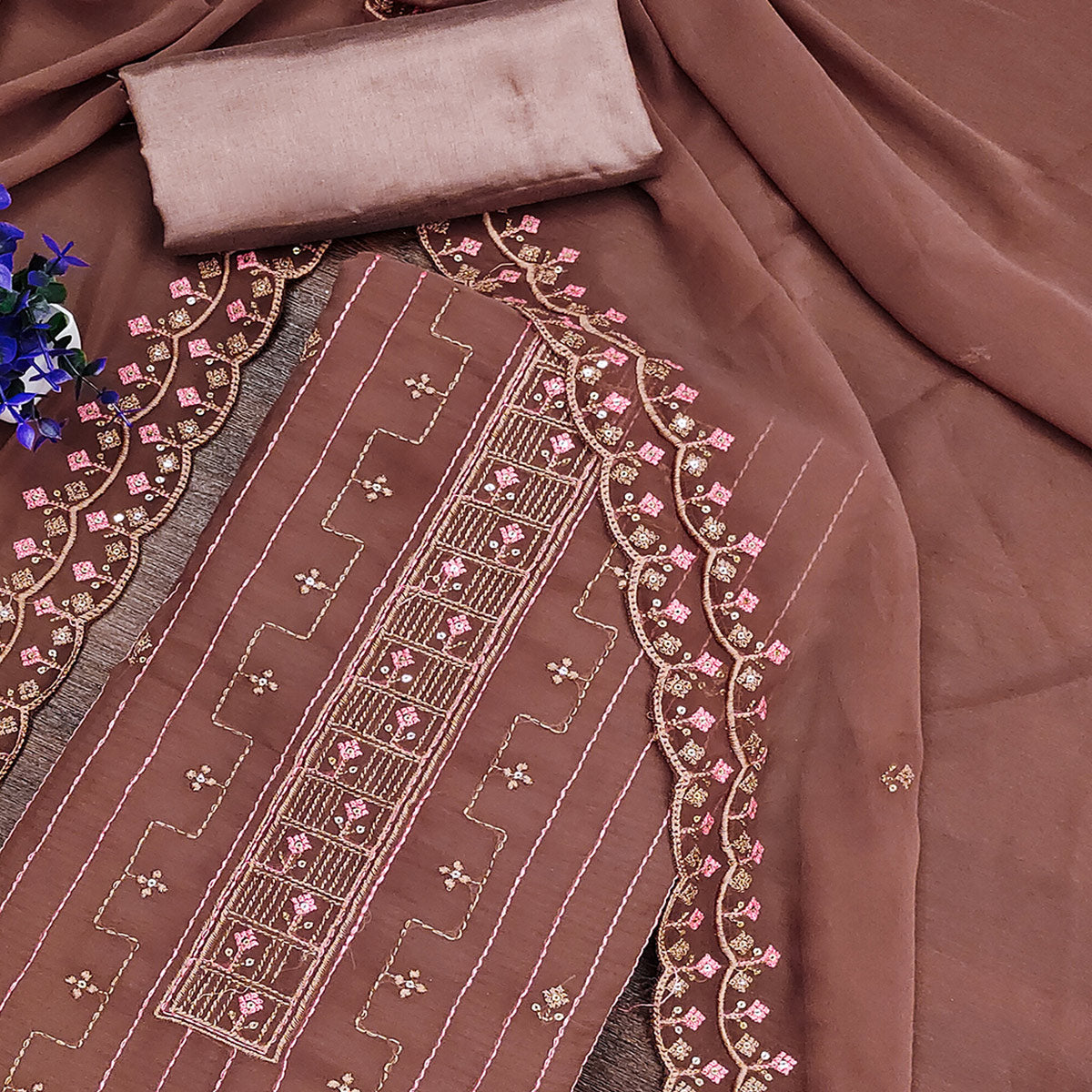 Brown Sequins Embroidered Georgette Dress Material