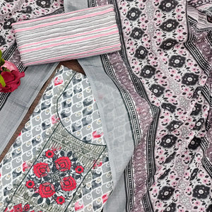 Grey Printed With Embroidered Cotton Blend Dress Material