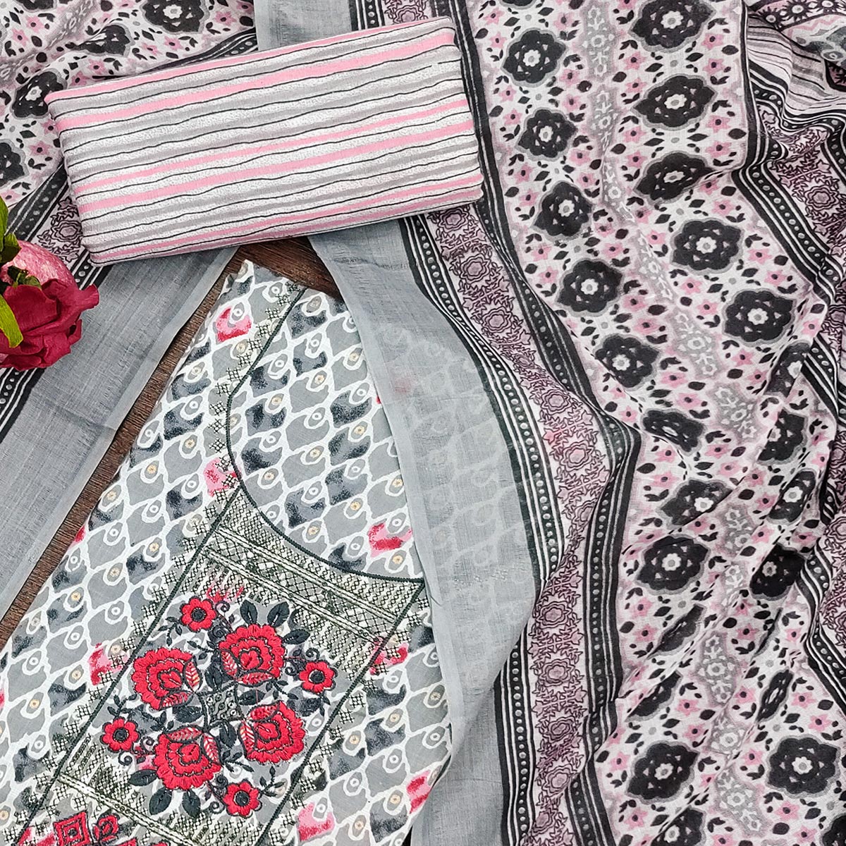 Grey Printed With Embroidered Cotton Blend Dress Material