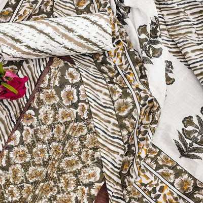 Brown Printed With Embroidered Cotton Blend Dress Material