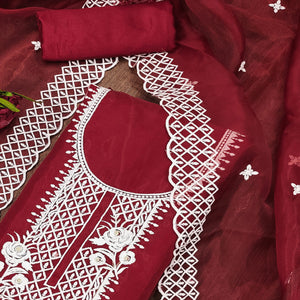 Maroon Floral Embroidered Organza Dress Material