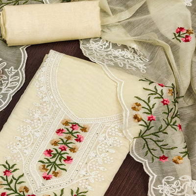 Cream Floral Sequins Embroidered Chanderi Cotton Dress Material