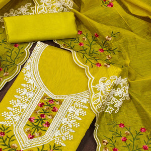 Lemon Green Floral Sequins Embroidered Chanderi Cotton Dress Material
