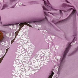 Lavender Floral Embroidered Cotton Blend Dress Material