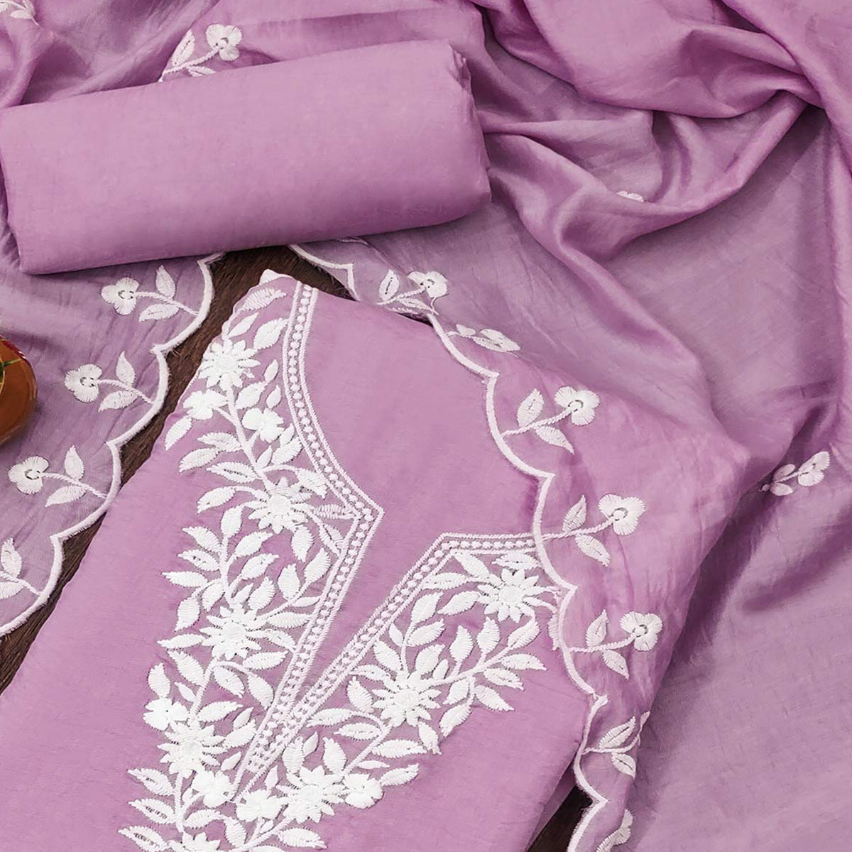 Lavender Floral Embroidered Cotton Blend Dress Material