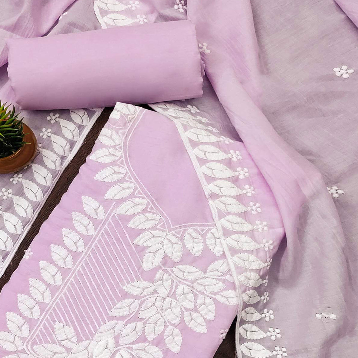 Light Lavender Floral Embroidered Cotton Blend Dress Material