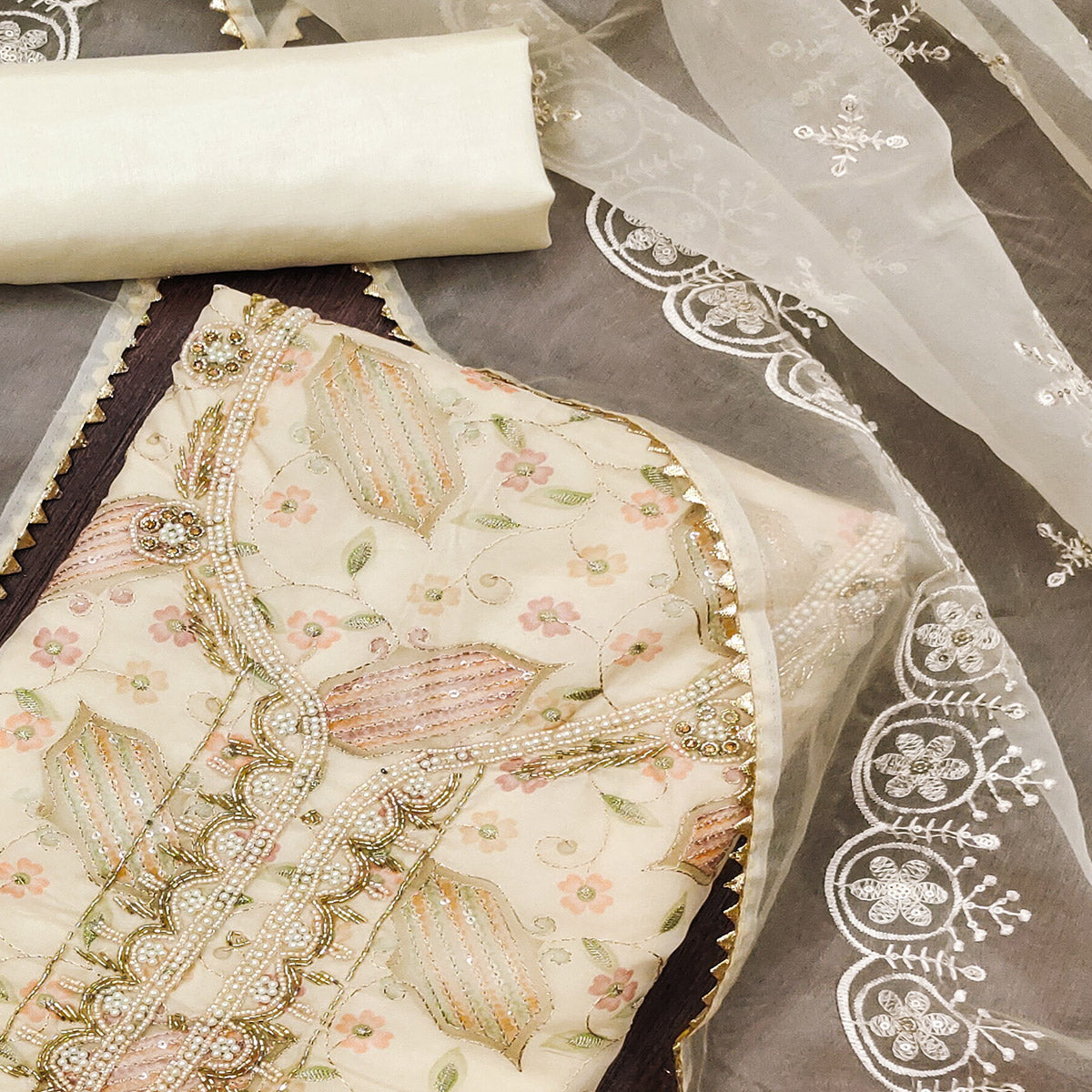 Cream Floral Embroidered With Handwork Organza Dress Material