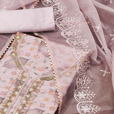 Light Pink Floral Embroidered With Handwork Organza Dress Material