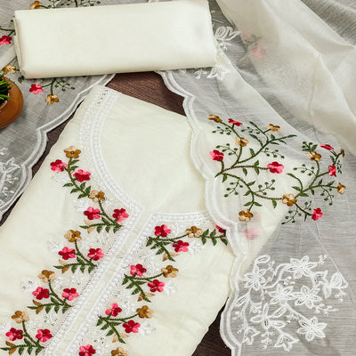 Cream Floral Embroidered Chanderi Cotton Dress Material