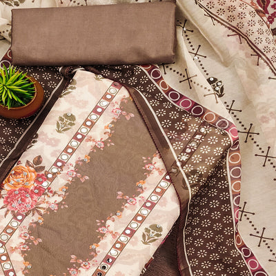 Brown Floral Digital Print With Diamond & Mirror Work Organza Dress Material