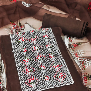 Brown Floral Embroidered Organza Dress Material