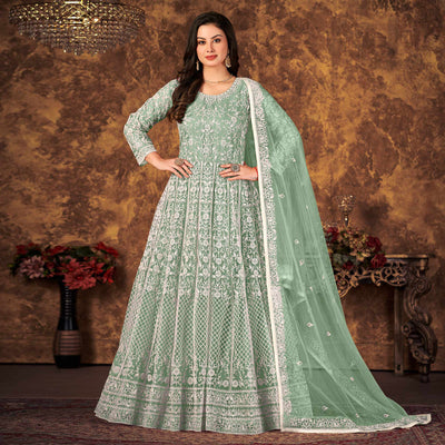 green-floral-embroidered-net-semi-stitched-dress-material
